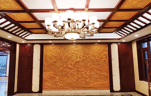 常德中式别墅客厅中式木作横梁吊顶装饰展示